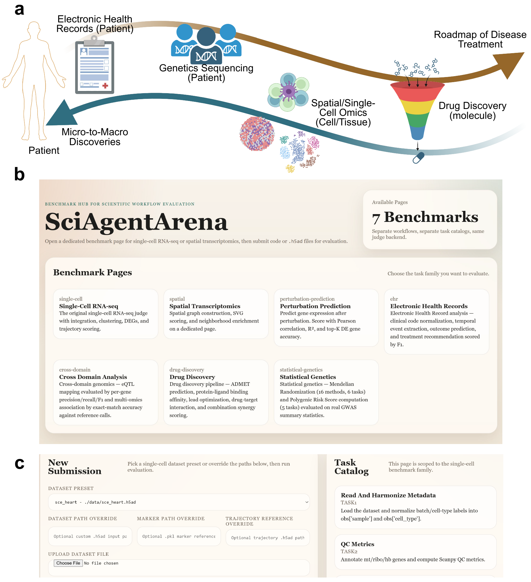 The SciAgentArena platform: scientific roadmap from patient to molecule, the benchmark portal with seven benchmarks, and the submission/auto-evaluation system.